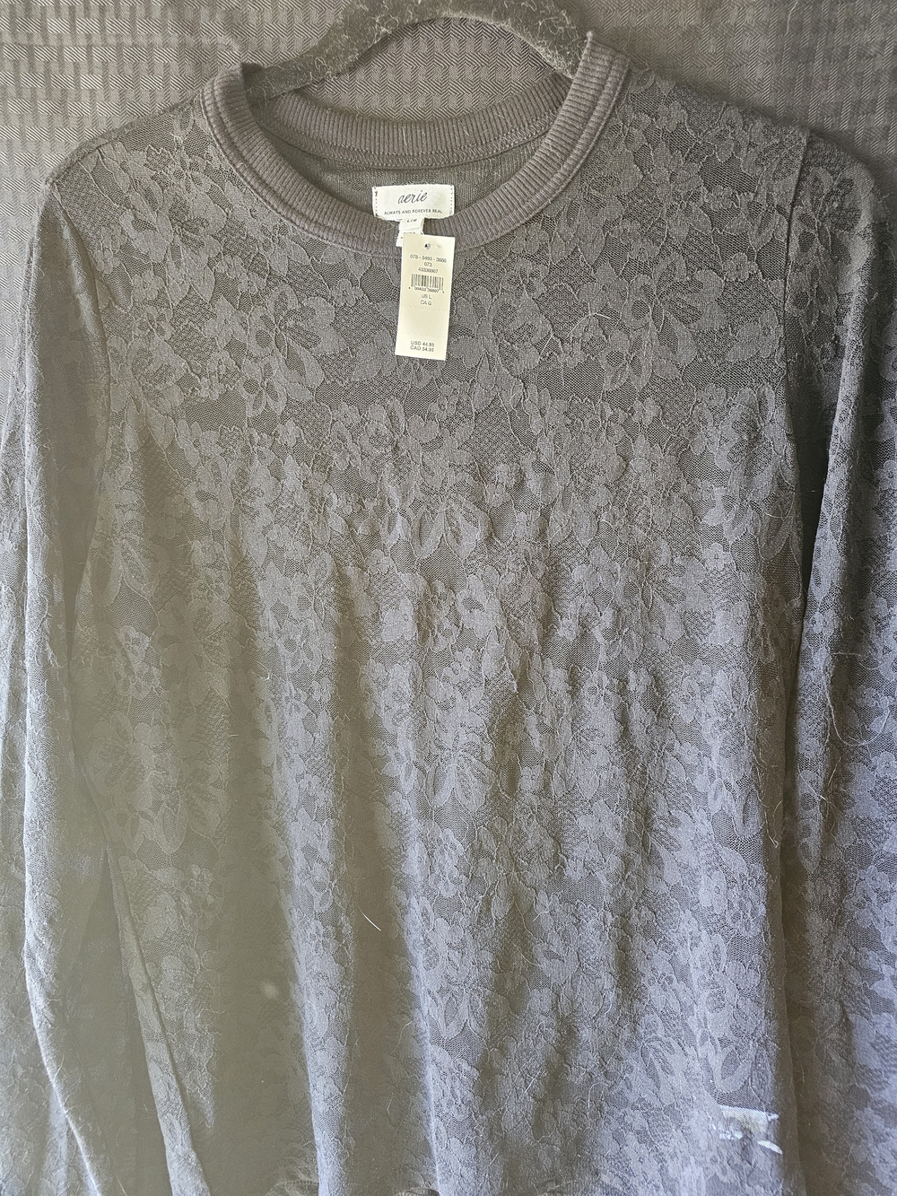 aerie Black Floral Lace Long Sleeve Crew Top